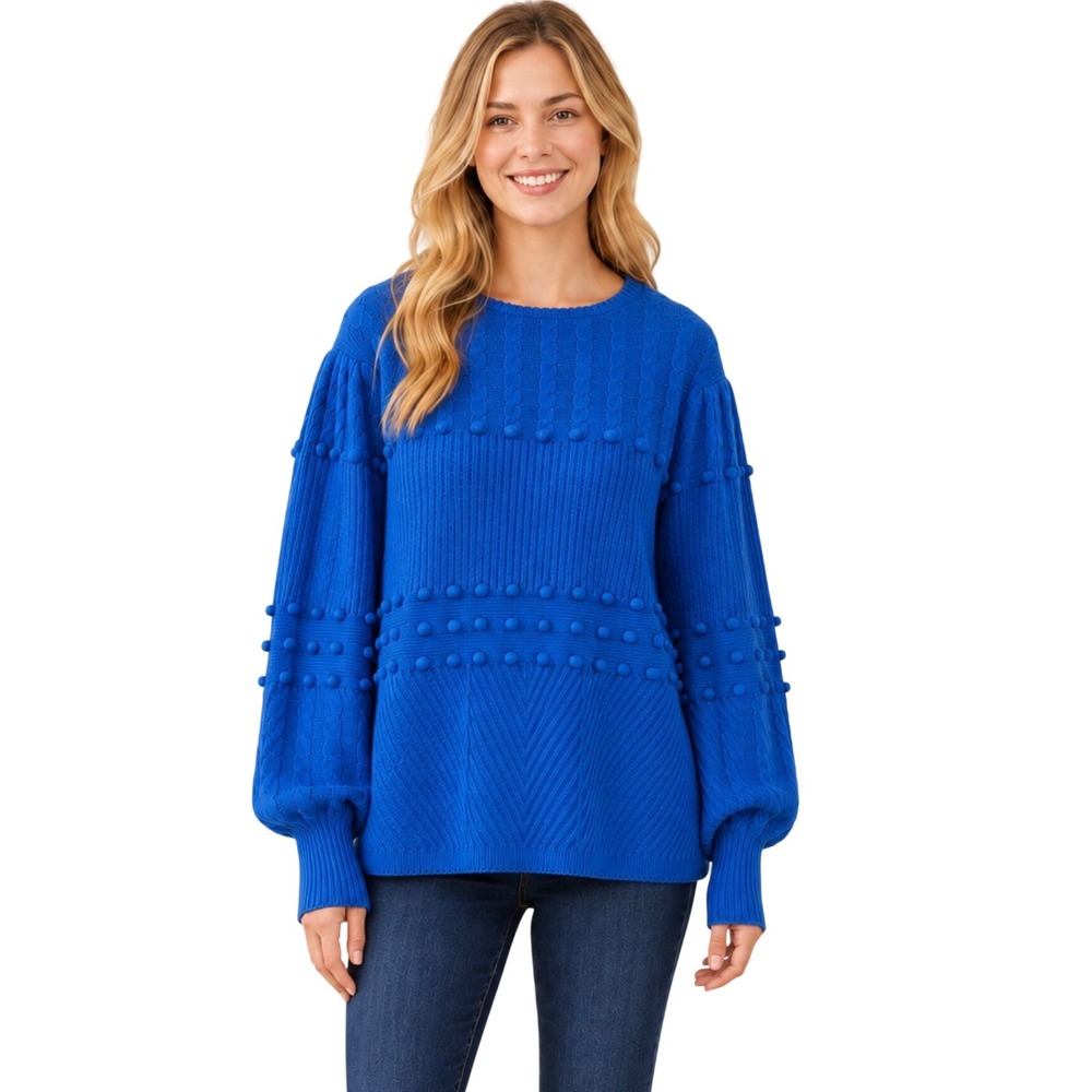 Lilly Pulitzer Blue Pom Pom Textured Knit Puff Sleeve Sweater XL NWOT